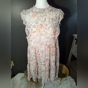 JODIFL Floral Midi Dress in Light Peach, Cream, and Taupe